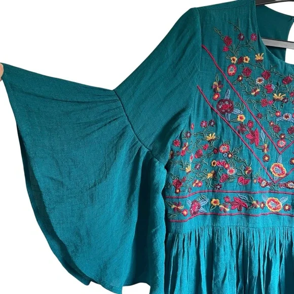 Umgee Teal Floral Embroidered Long Sleeve Dress XL - Picture 4 of 7